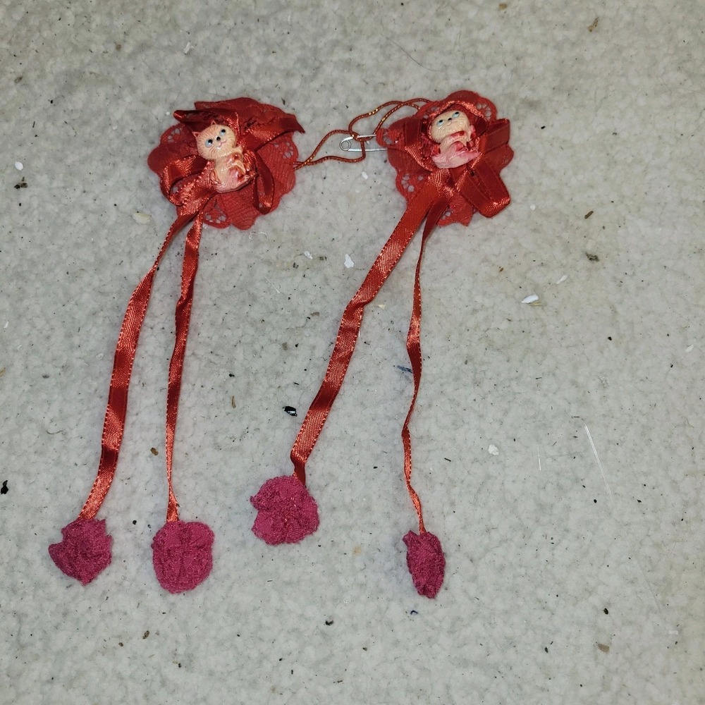 Vintage Red Satin Lace Hair Clips Kitty Charm Ribbon‎ Barrettes Set